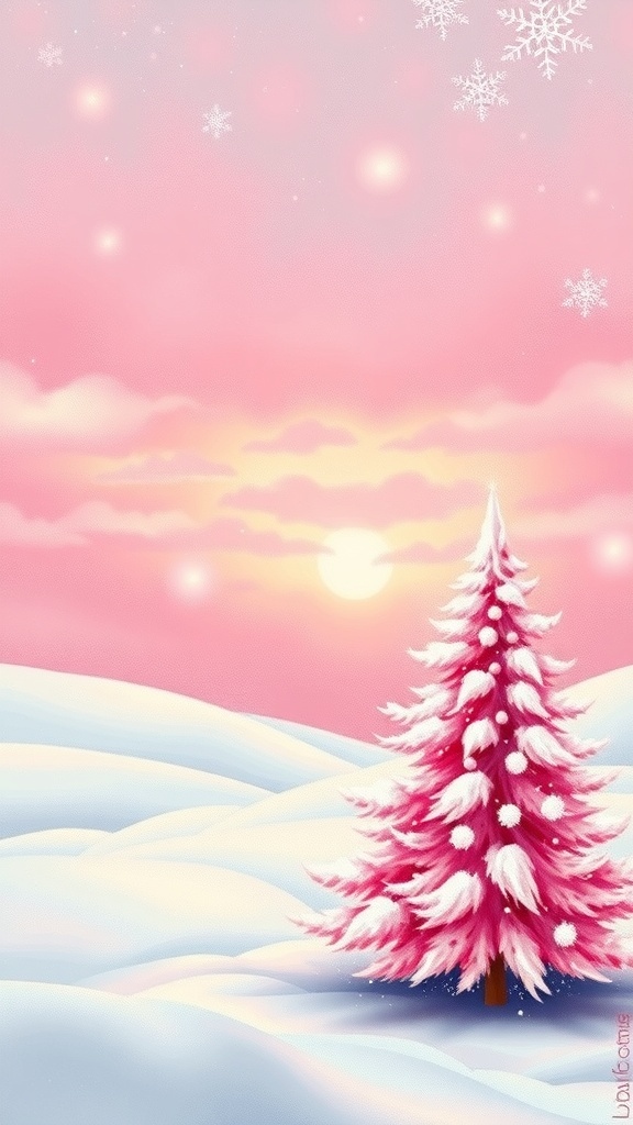A pink Christmas painting showcasing a snowy landscape and a pink Christmas tree.